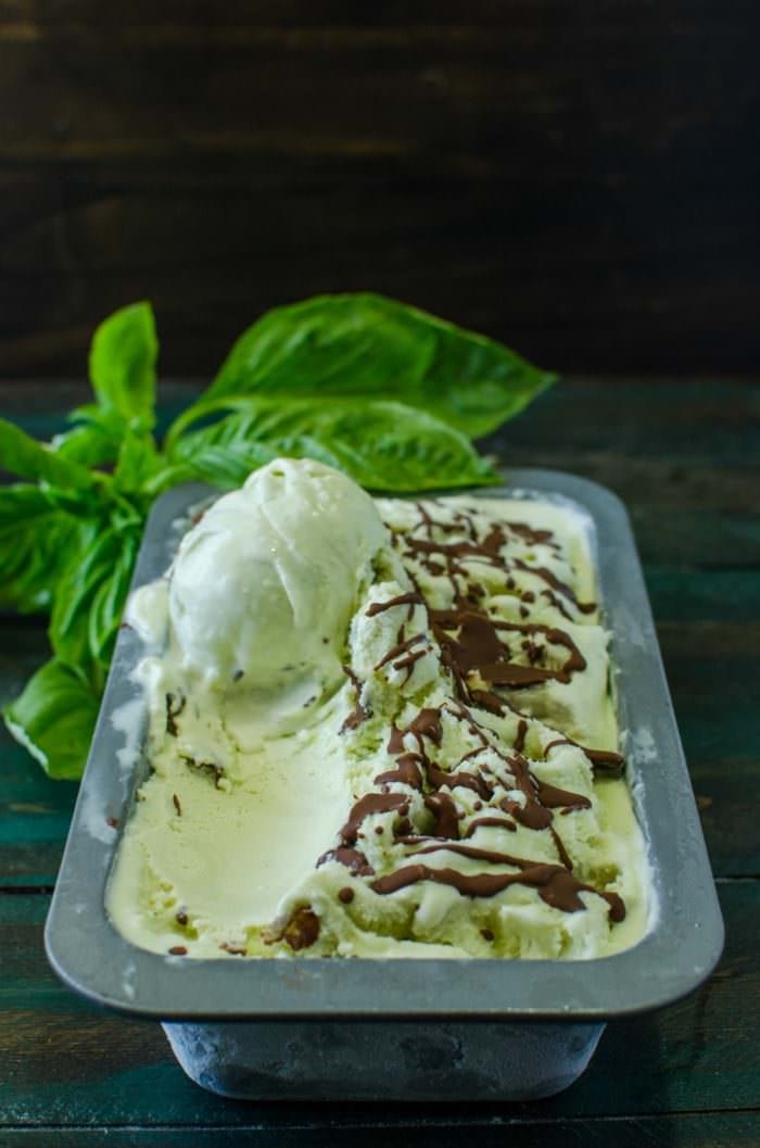 Basil Vanilla Ice Cream - A creamy vanilla ice cream with a delightfully fresh, earthy basil flavour, that's not overpowering. And then top it with an easy chocolate magic shell sauce, and you've got a habit-forming ice cream!
