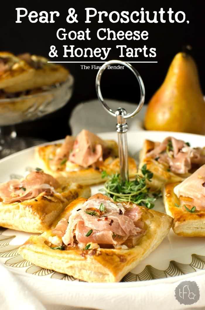 Pear, Prosciutto, Goat cheese & Honey tarts - A quick and easy appetizer idea using Puff pastry! The flavor combination of sweet Pears and tangy, creamy Goat cheese topped with salty Prosciutto and sweet Honey is going to be a definite crowd pleaser!