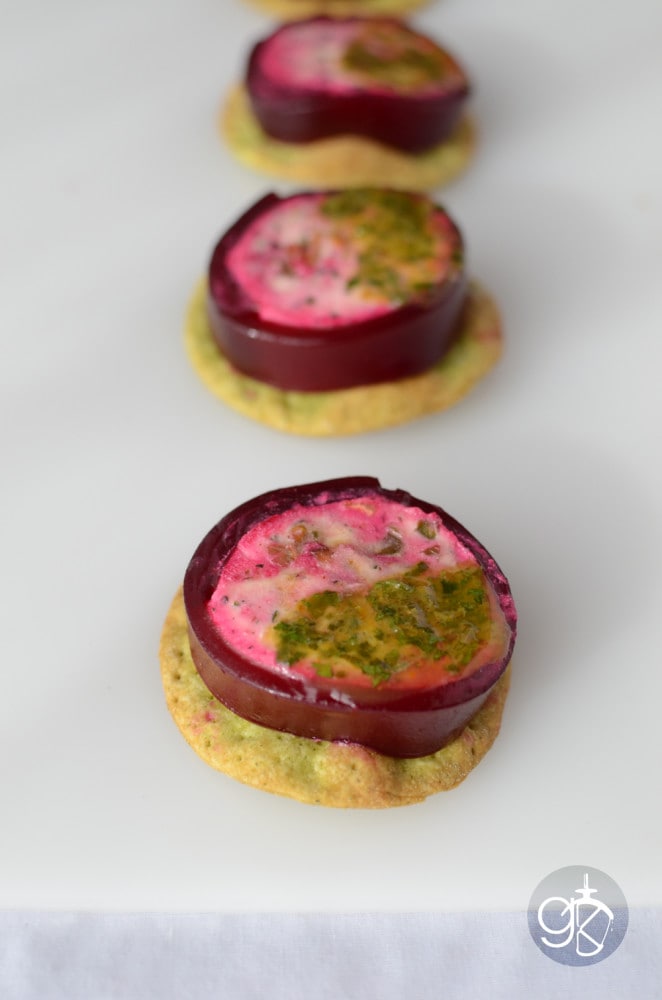 Pickled Beet Jelly with Goat cheese and Candied Pistachios