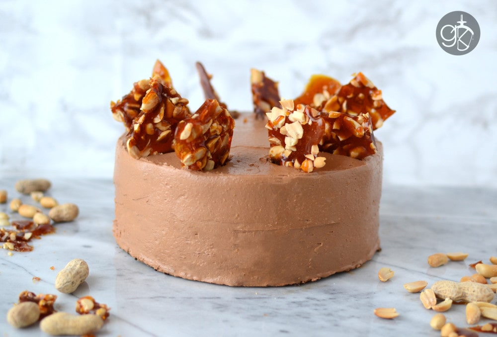 Chocolate & Peanut Cake with Caramel Peanut butter Nougat Filling & Chocolate French Buttercream