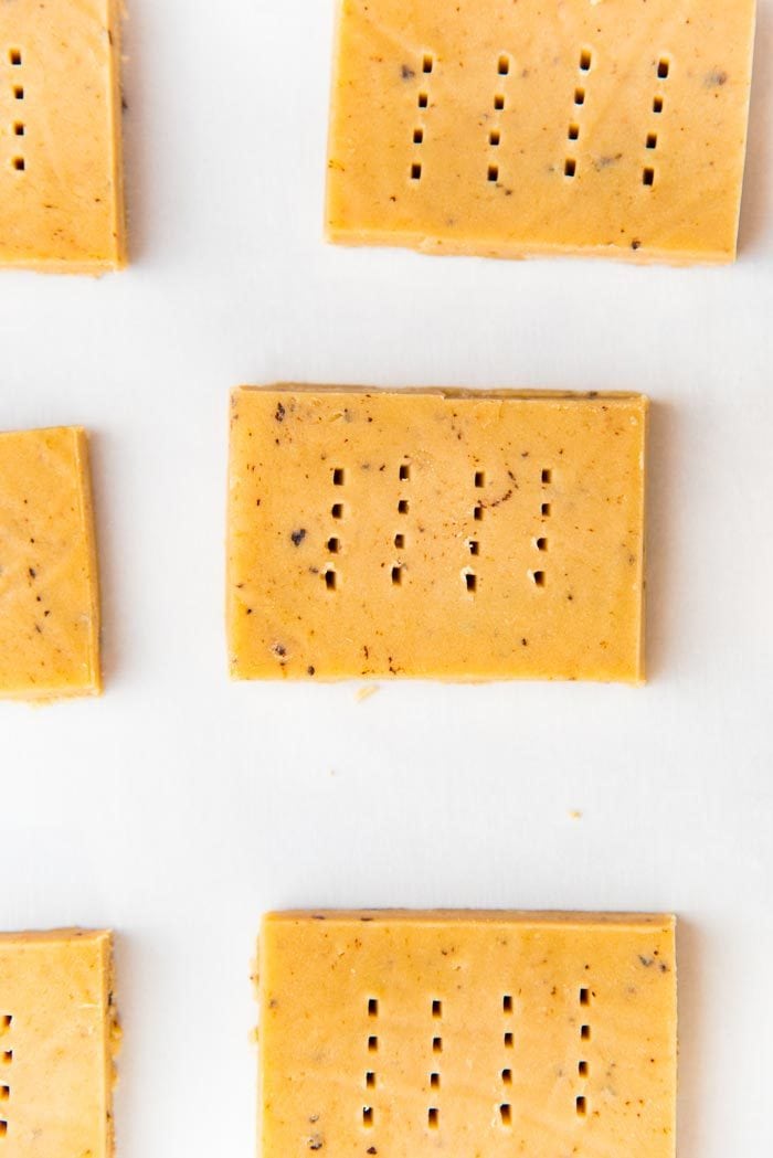 Unbaked espresso shortbread cookies on a baking sheet pan