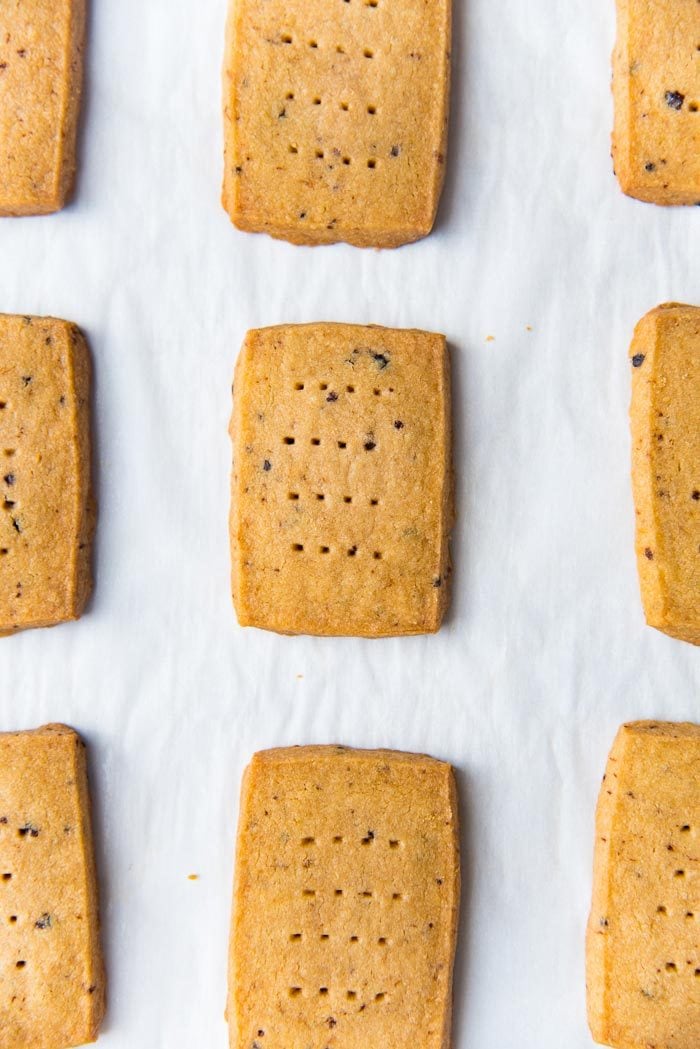 Freshly baked espresso shortbread cookies on the baking pan