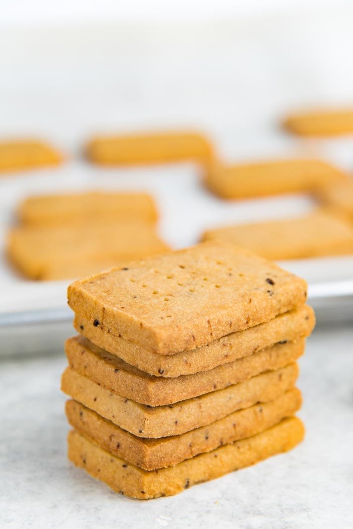 A close up of the stack of espresso shortbread cookies