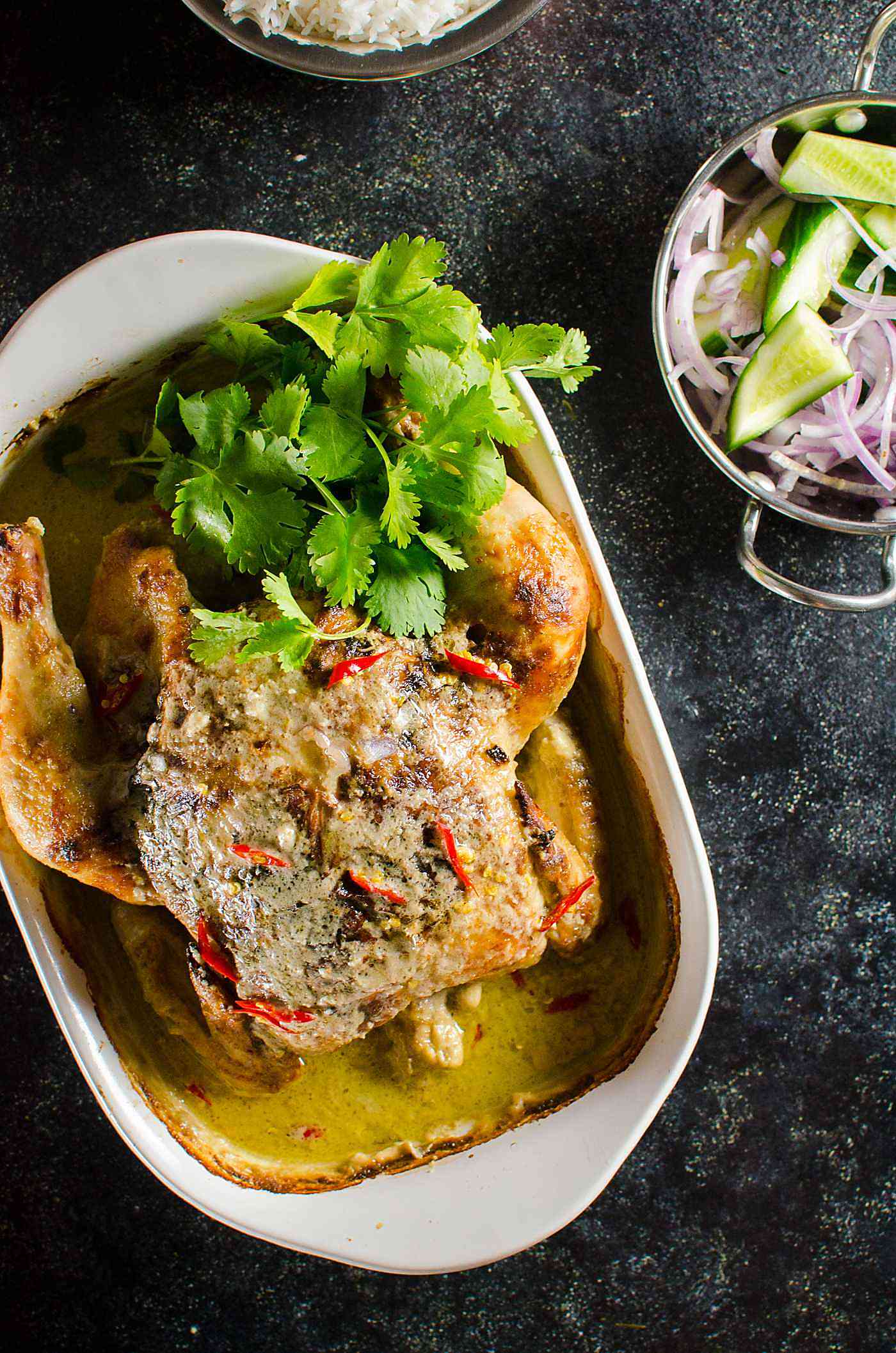 Thai Green Curry Roasted Chicken - Tips to make perfectly cooked, succulent flavorful Roast Chicken with a creamy and spicy Thai Green Curry gravy