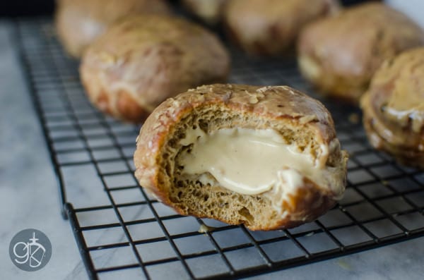 Glazed Coffee Doughnuts with Caramelized White Chocolate Pastry Cream Filling