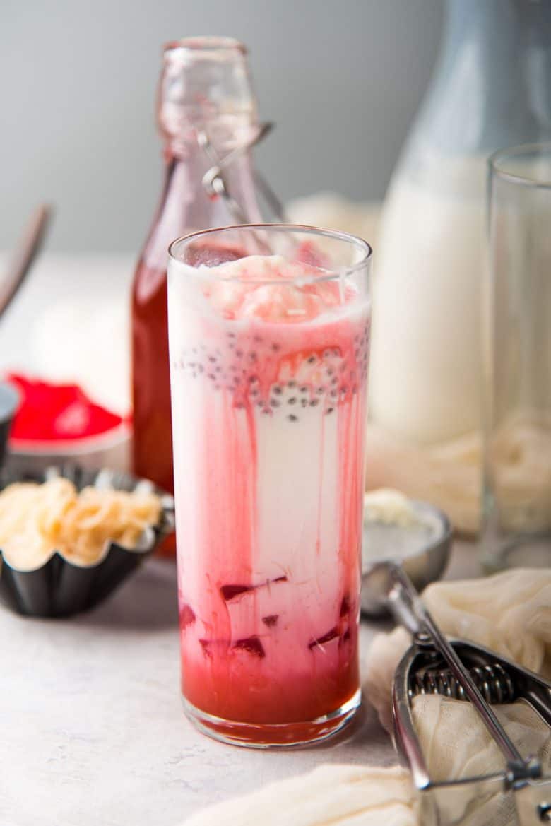 Serving Falooda in a glass, with an ombre look with the rose vanilla syrup