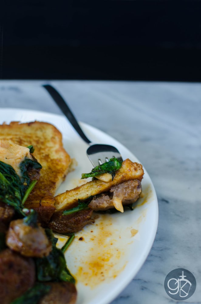 Savoury French Toast with Maple Sriracha Sausages - Sweet and Spicy and easy to make! It goes perfectly with just about anything, but I love it with French Toast!