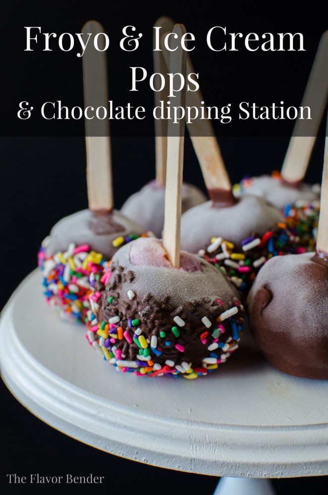 Froyo and Ice Cream Pops with Chocolate Dipping Station - Make your own delicious Swirled Froyo Or Ice Cream Pops for your summer parties, Kids parties with a Chocolate dipping station complete with Chocolate Magic Shell and all sorts of toppings for your guests to choose from! It's fun and delicious!