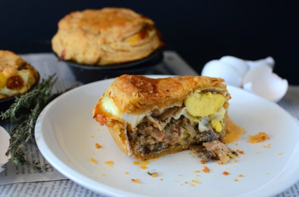 Mushroom, Bacon & Egg Pies - The perfect Breakfast Pie! These can be made ahead of time and frozen and baked when you need them! Delicious and so filling, it's the perfect Breakfast/Brunch (or even lunch or dinner) meal! Can be made with pre made puff pastry, or make your own rough puff pastry. 