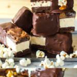 Peanut Butter Swirled Chocolate Brownie Ice Cream sandwiches, made with Kettle Corn Ice Cream (salted caramel popcorn ice cream). Homemade popcorn flavoured ice cream sandwiched between fudgy PB chocolate brownies that tastes like reese’s peanut butter cups! Make it with store bought ice cream, and dip it in Chocolate magic shell for added decadence.