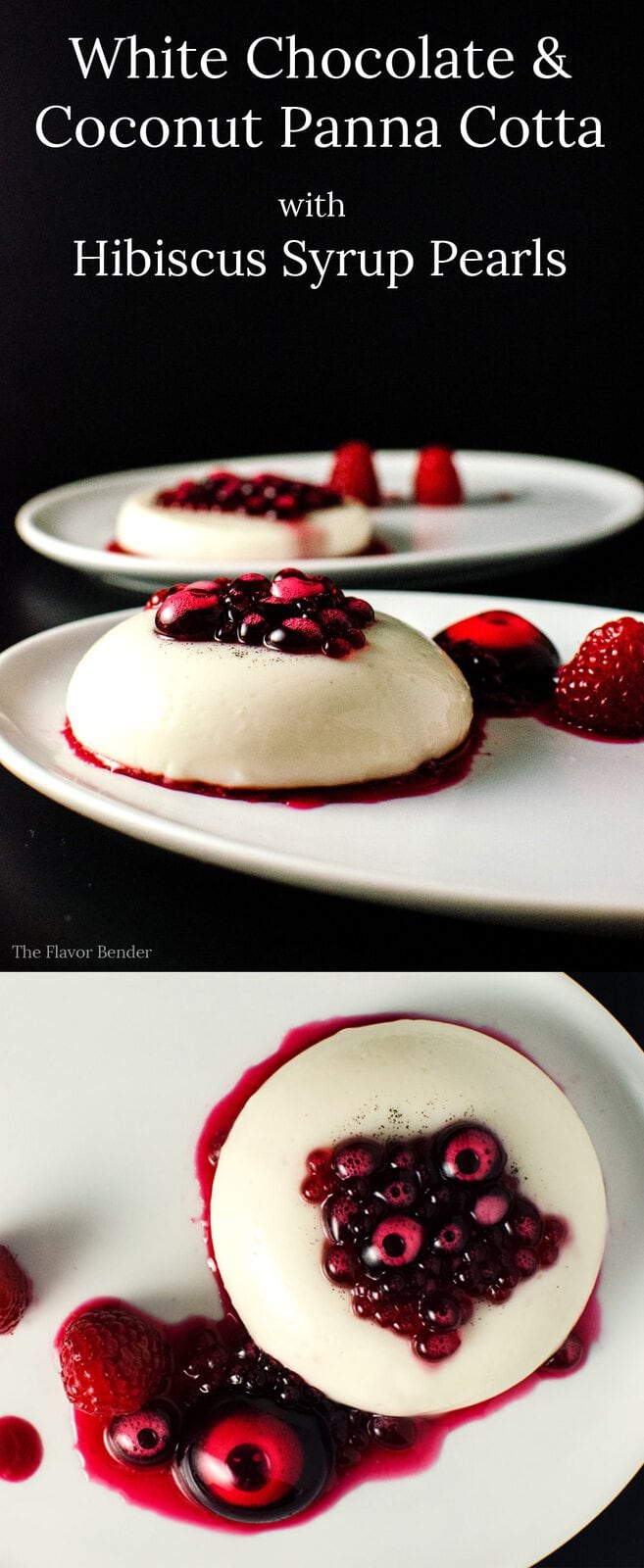 White Chocolate and Coconut Panna Cotta with Hibiscus Syrup Pearls. Hibiscus pearls made using Reverse Spherification, but can be served without spherification as well. Sweet, creamy perfectly "jiggly" panna cotta with delicious sweet, citrusy hibiscus with hints of raspberry!