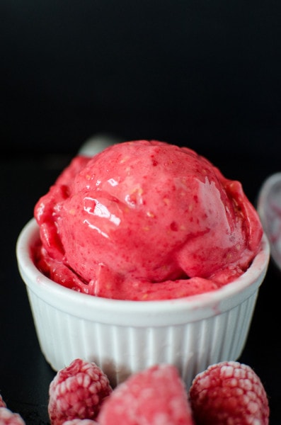 Easy Raspberry Sorbet scoop made with 3 ingredients in a small bowl