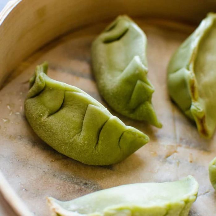 Green Pot sticker dough/ Dumpling dough made with Spinach puree! Perfect for pan-fried pot stickers or steamed dumplings!