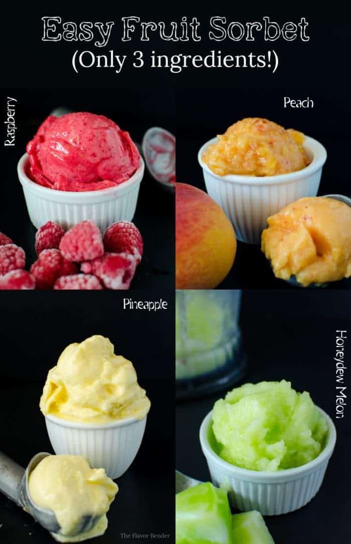 Easy Fruit Sorbet - Make sorbet with almost any kind of fruit any time you want! You only need 3 ingredients (not counting water)! Here are the tricks and tips to apply to your favourite fruits to make Sorbet! Raspberry Sorbet, Peach Sorbet, Honeydew Melon Sorbet, and Pineapple Sorbet!