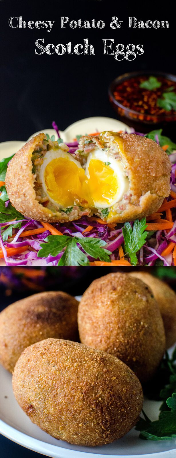 Cheesy Potato & Bacon Scotch Eggs. Make your Scotch eggs extra special with Cheese, Potato, Bacon and a generous amount of herbs! Perfect Brunch or Breakfast Eggs.
