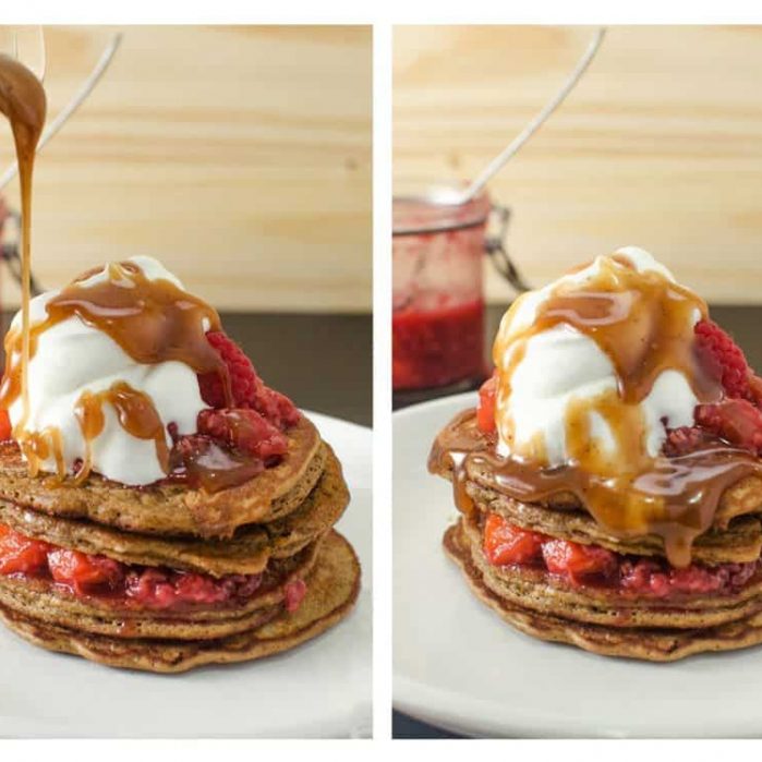 Coffee Pancakes with Peach & Raspberry compote & topped with Brown butter butterscotch sauce! Fluffy, light, delicious, pancakes with amazing depth of flavor.