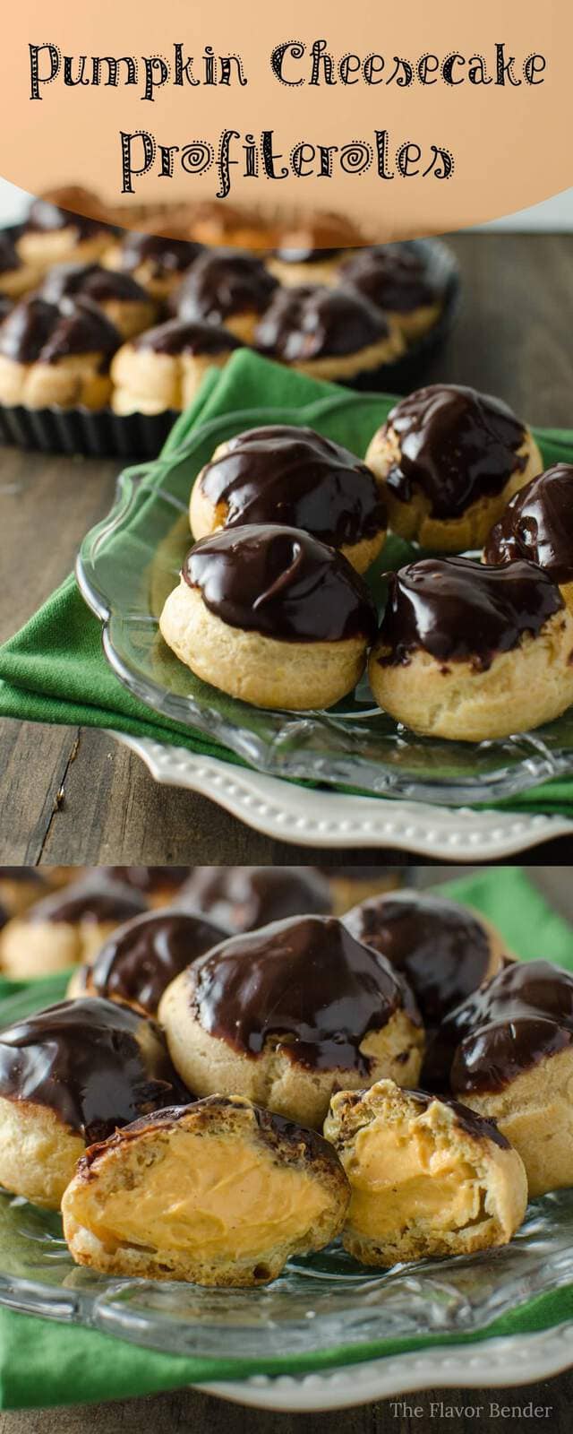 Pumpkin Cheesecake Profiteroles - Bitesized Profiteroles filled with creamy Pumpkin Cheesecake filling and a chocolate glaze. Perfect for Fall and for thanksgiving!