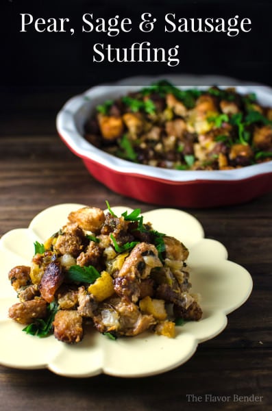 Pear, Sage and Sausage Stuffing - This stuffing is a twist on the classic Sage and Onion Stuffing! With warming sage herbs, sweet pears and chunky pork sausage - you can’t ever have too much.