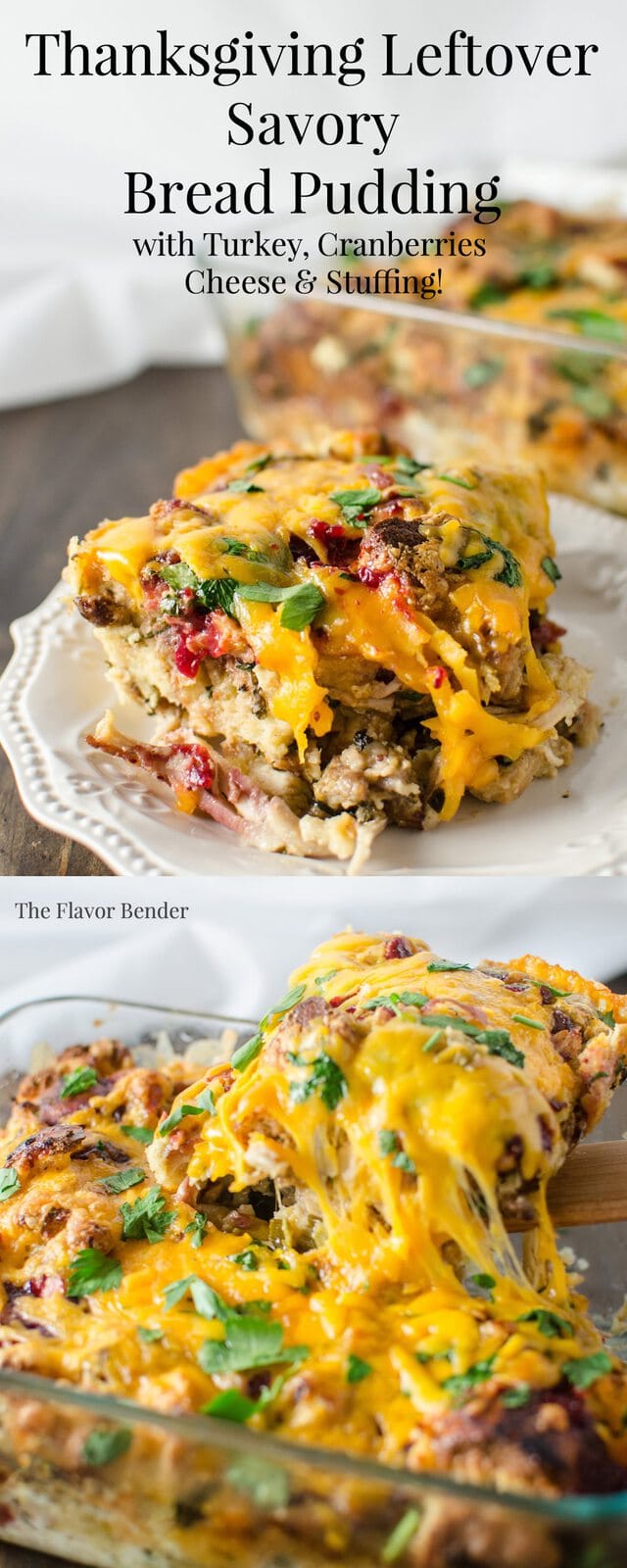 Thanksgiving Leftover Savory Bread Pudding packed with juicy leftover turkey, stuffing and cranberry sauce and topped with cheese - you will make sure you have leftovers JUST so you can have Thanksgiving in the morning too!