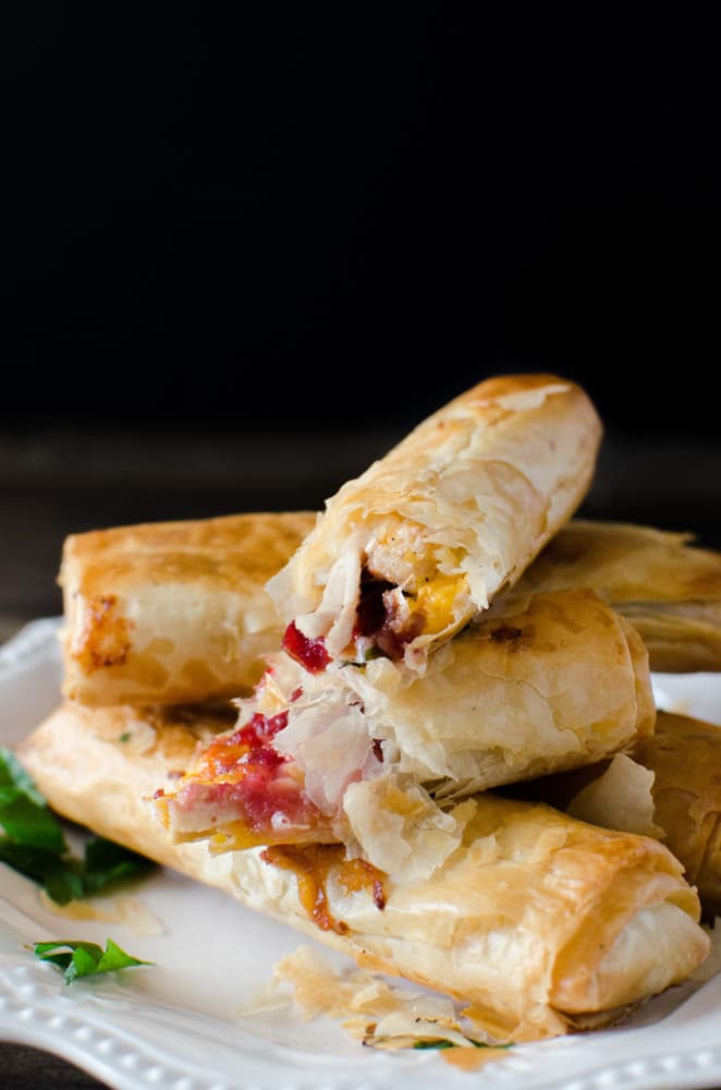 Cranberry, Cheese and Turkey Filo Rolls - Super quick to make and a fantastic appetizer for the holidays OR make it using leftovers for a light meal, or snack that is family friendly and absolutely delicious!