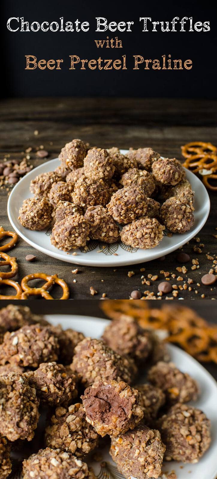 Chocolate Beer truffles with Beer Pretzel Praline - Perfect bite sized treats! Rich Chocolate truffles studded with Beer infused Pretzel Praline pieces! Chocolate, Beer, Pretzels and Caramel in one bite!