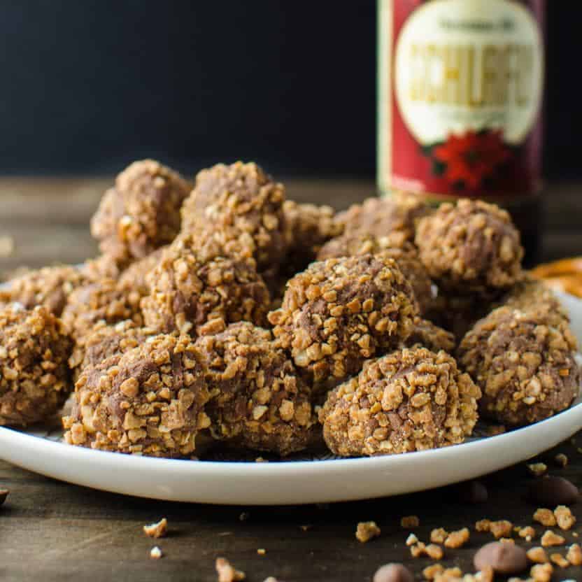 Chocolate Beer truffles with Beer Pretzel Praline - Perfect bite sized treats! Rich Chocolate truffles studded with Beer infused Pretzel Praline pieces! Chocolate, Beer, Pretzels and Caramel in one bite!