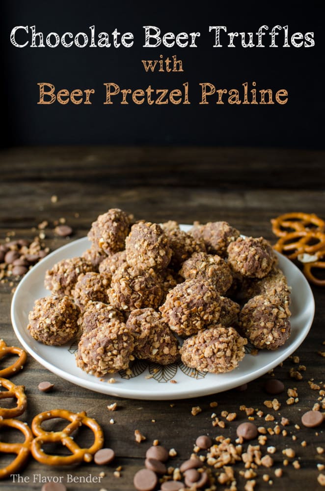 Chocolate Beer truffles with Beer Pretzel Praline - Perfect bite sized treats! Rich Chocolate truffles studded with Beer infused Pretzel Praline pieces! Chocolate, Beer, Pretzels and Caramel in one bite!