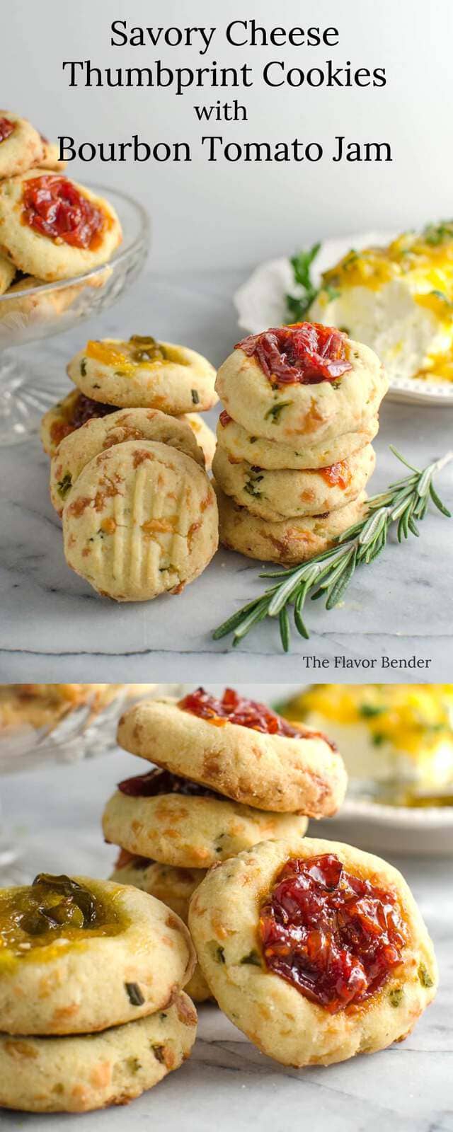 Savory Cheese Thumbprint Cookies with Bourbon Tomato Jam - These savory cookies are the NEXT BEST THING! Buttery, herby cookies with delicious cheddar cheese, and an amazing tomato jam! Comes together easily and its PERFECT as an appetizer, party food, or as a snack!