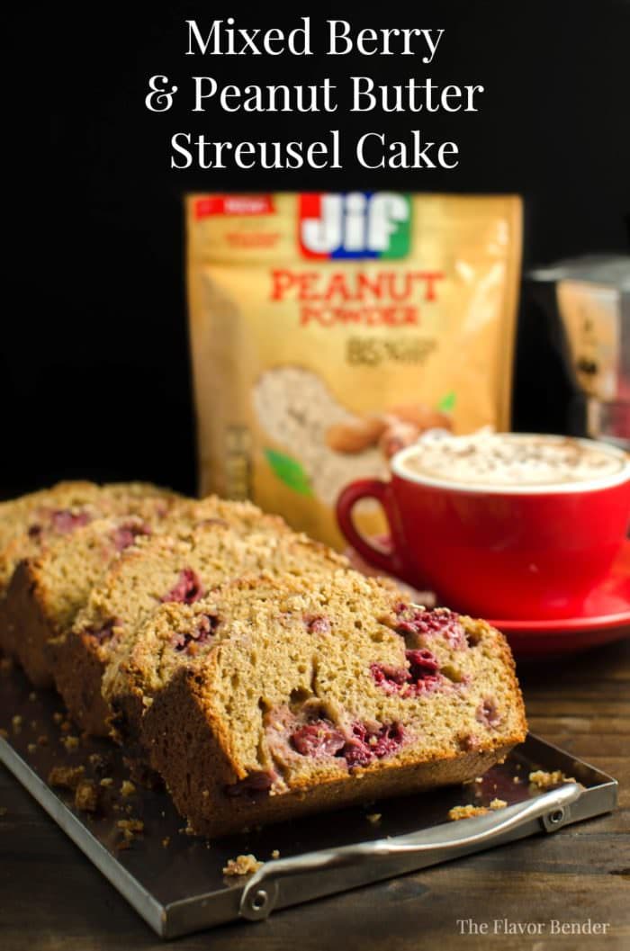 Easy to make Mixed Berry and Peanut Butter Streusel Cake made with Peanut Powder! A delicious cake perfect for breakfast or to enjoy with coffee or tea in the afternoon! Perfectly sweet and a great twist on Peanut Butter and Jelly!