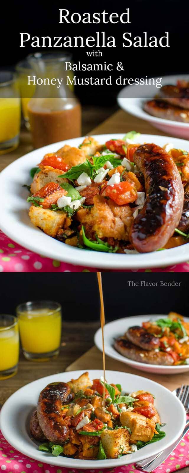 Roasted Panzanella Salad with a Balsamic Honey Mustard Dressing- with roasted Sausages, Tomatoes, Sweet potatoes, Goat cheese and Herbs is easy to make, and can be eaten warm, or at room temperature! Perfect for winter or any time of the year.