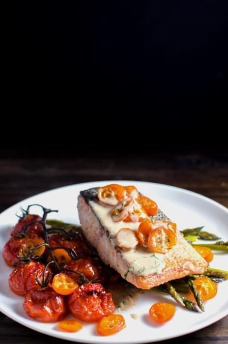 Brown Butter Pan Fried Salmon with Roasted Kumquats and Vegetables - A meal that is ready in 30 minutes and with insane flavours! Perfect for a family meal or for entertaining guests. Flavours so good, they will think you hired a chef.