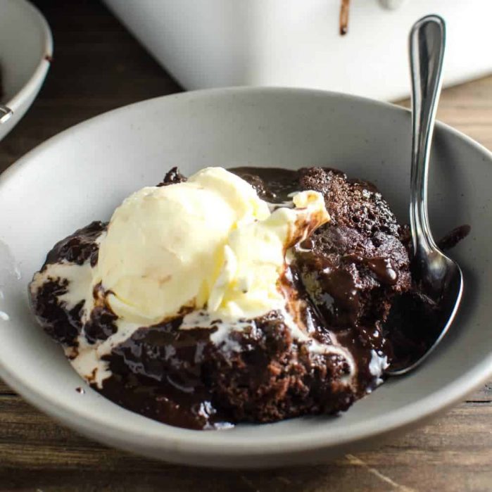 Self Saucing Chocolate Pudding - A easy to make, indulgent chocolate dessert with a luscious chocolate sauce! With hidden Strawberry and Bourbon flavours that makes this BETTER than your average Self Saucing pudding!