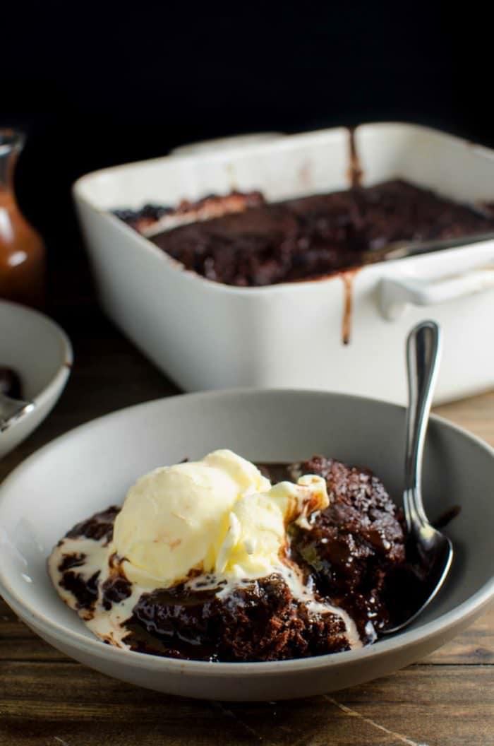 Self Saucing Chocolate Pudding - A easy to make, indulgent chocolate dessert with a luscious chocolate sauce! With hidden Strawberry and Bourbon flavours that makes this BETTER than your average Self Saucing pudding!