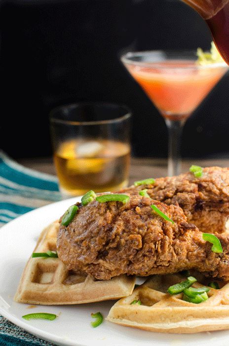 Bloody Mary infused Fried Chicken and Waffles - An Archer inspired breakfast with Crispy Crunchy Fried Chicken Drumsticks infused with all the flavors of a Bloody Mary plus Scotch and extra dose of spice! CLICK for the recipe now, REPIN for later! #TheFlavorBender