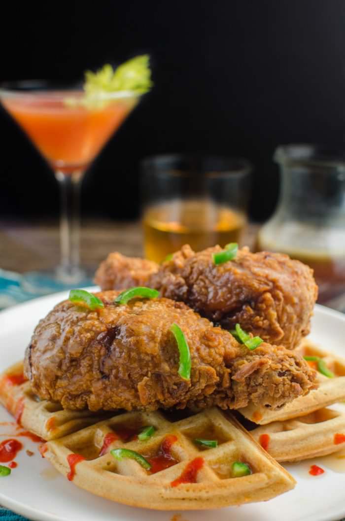 Bloody Mary infused Fried Chicken and Waffles - An Archer inspired breakfast with Crispy Crunchy Fried Chicken Drumsticks infused with all the flavors of a Bloody Mary plus Scotch and extra dose of spice! CLICK for the recipe now, REPIN for later! #TheFlavorBender