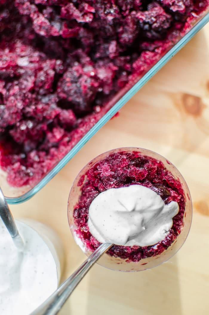 Cherry and Blackberry Red Wine Granita with Sweetened Black Pepper Sour Cream. - A delicious and simple dessert that is perfect for summer! Fruity, sweet, boozy and full of flavor and then topped with a creamy, tangy sour cream with a little spice! Made with Black Box Wines. REPIN to save! CLICK to get the recipe! #TheFlavorBender
