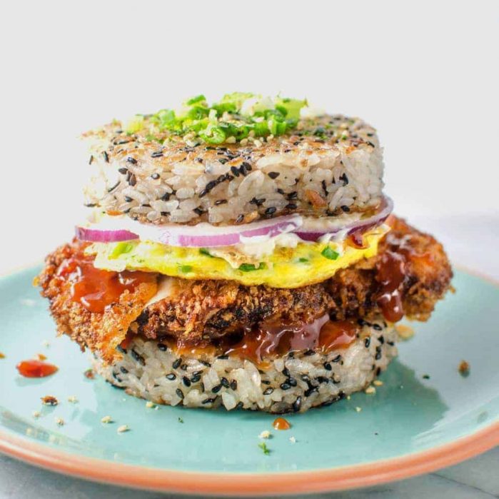 Chicken Katsu Sushi Burger - This Rice burger is a creative and incredibly delicious marriage of two distinct Japanese dishes. CLICK to get the RECIPE. REPIN to save. #TheFlavorBender