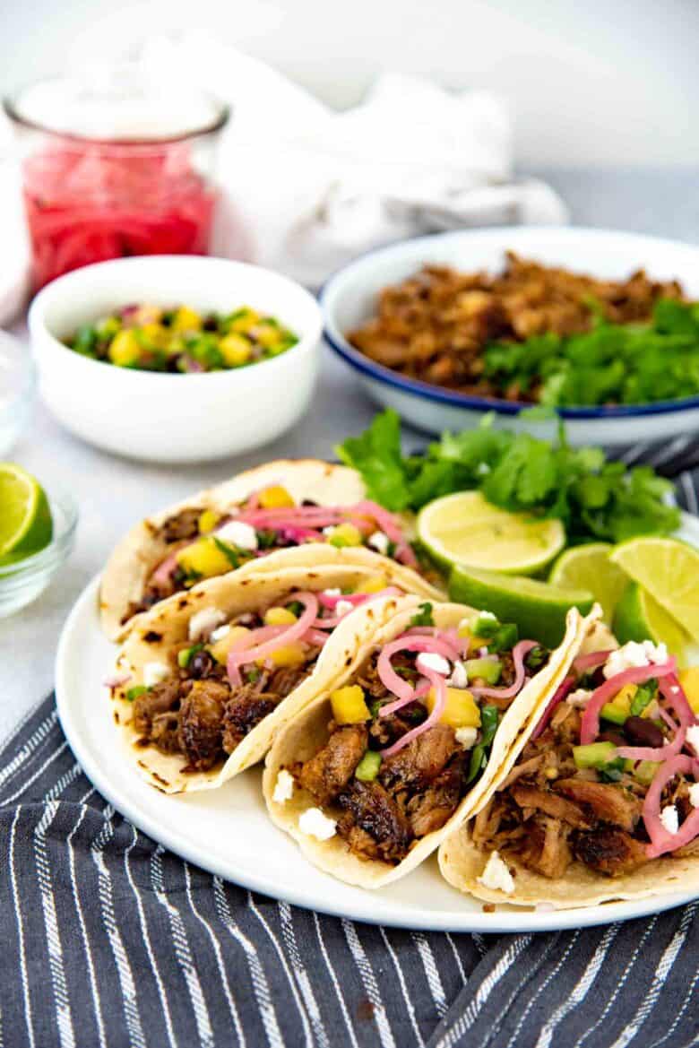 Close up of carnitas tacos made with Mexican pulled pork
