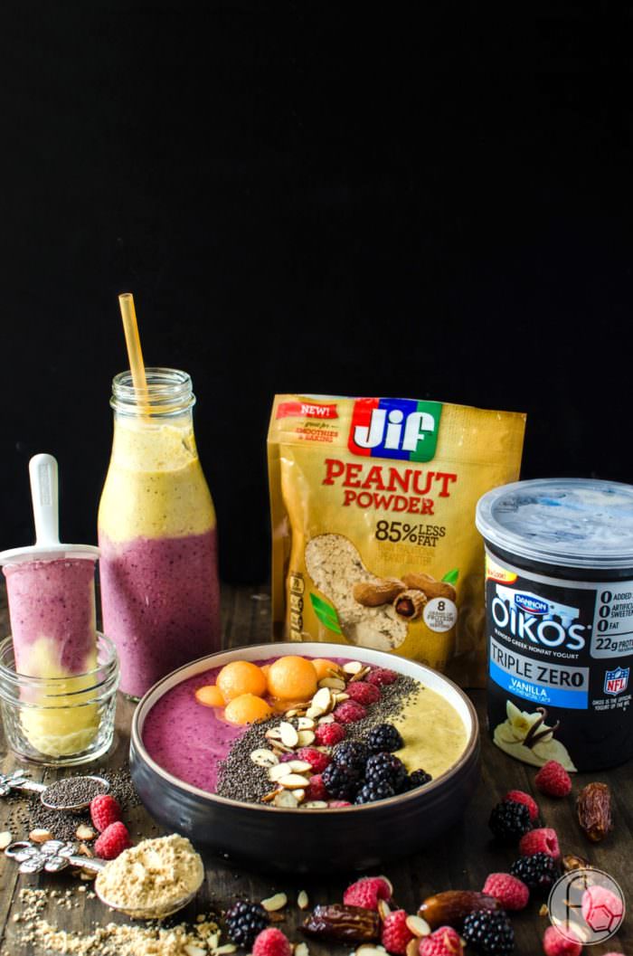 Date, Peanut Butter Berry Smoothie Bowl with Mango Peanut Butter smoothie - a Secret ingredient that makes this taste AMAZING will have you hooked to this protein packed delicious smoothie! Perfect as an On the Go layered smoothie, or freeze them for PERFECT after school snack! This is #MySmoothie REPIN to save. CLICK to get the recipe! #TheFlavorBender [ad]