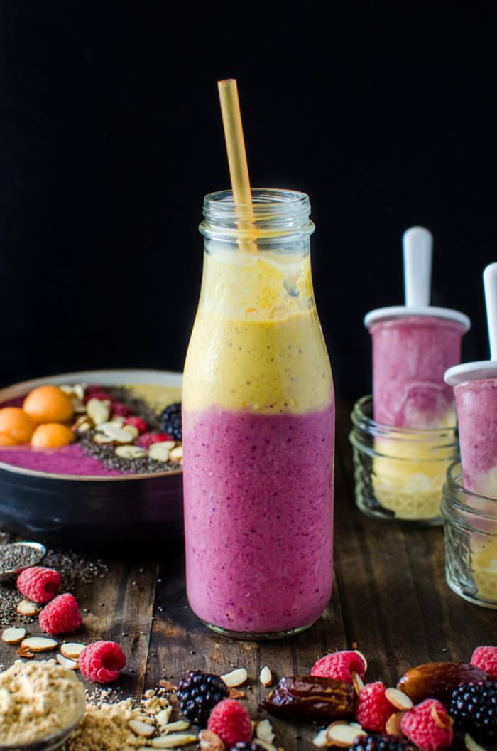 On the Go Layered Date, Peanut Butter Berry Smoothie with Mango Peanut Butter smoothie - a Secret ingredient that makes this taste AMAZING will have you hooked to this protein packed delicious smoothie! Perfect as a healthy smoothie bowl, or freeze them for PERFECT after school snack (included in recipe)! This is #MySmoothie REPIN to save. CLICK to get the recipe! #TheFlavorBender