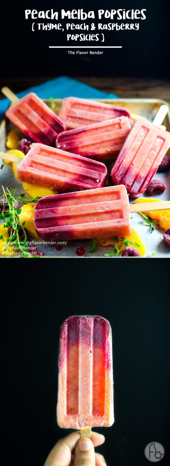 Peach Melba Popsicles (Thyme, Peach, Raspberry Popsicles) - Ripe, juicy peaches, tangy raspberries, and thyme sugar syrup come together to form the juiciest, fruitiest Peach Melba Popsicles that have SUMMER written all over them! So simple to make, so refreshing to have! SAVE for later. CLICK to get the recipe #TheFlavorBender