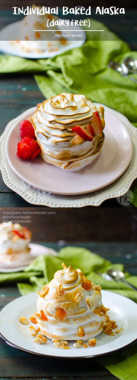 Dairy Free Individual Baked Alaska - with a soft, moist chocolate cake base, So Delicious Dairy Free® Frozen Treats in the middle, and then covered with a silky smooth meringue topping with a warm, caramelized coating! A sophisticated-looking dessert but with minimal hassle, that's perfect for summer and entertaining! Video Tutorial for Meringue piping included. #DairyFree4All [ad] #TheFlavorBender