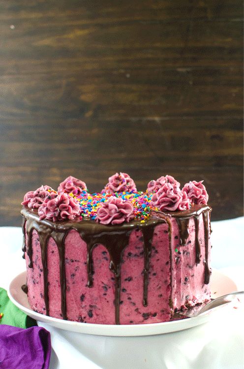 Kiwifruit Blackberry Vanilla Cake - A soft, delicious vanilla cake with a Lemon kiwifruit curd filling and a speckled blackberry buttercream frosting. A perfect celebratory cake complete with a Video Recipe!