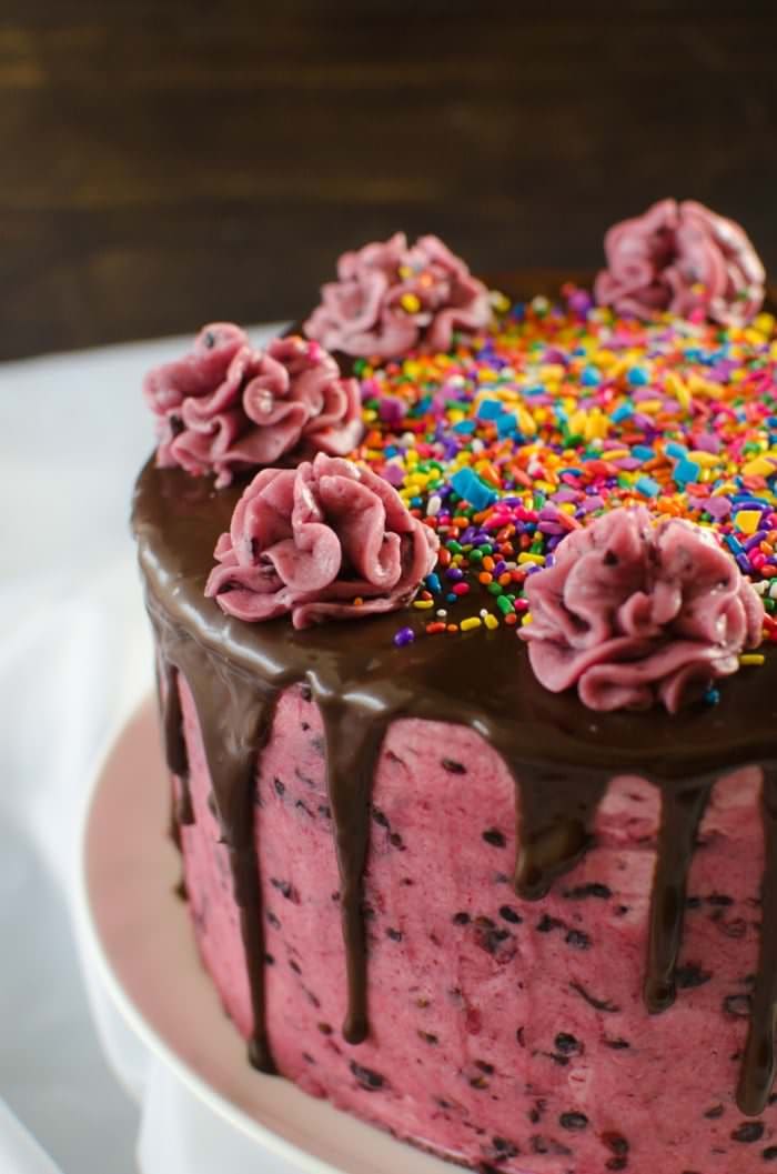 Kiwifruit Blackberry Vanilla Cake - A soft, delicious vanilla cake with a Lemon kiwifruit curd filling and a speckled blackberry buttercream frosting. A perfect celebratory cake complete with a Video Recipe!