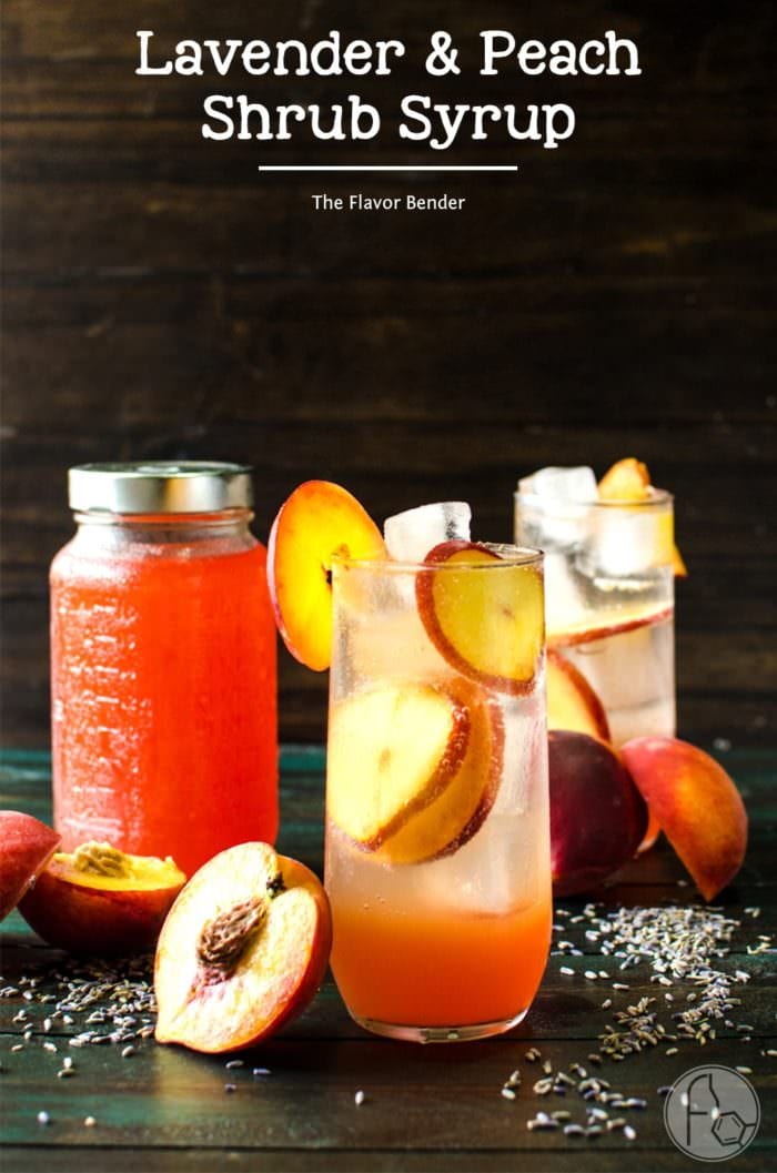 Lavender Peach Shrub Syrup - This sweet, fruity, tangy, floral Lavender Peach Shrub Syrup is simple to make and is a great way to use up bruised, overripe peaches. Mix with ice cold water for a refreshing, non-alcoholic summer drink, or with some vodka or tequila for a delicious cocktail, or with some champagne for a wonderful mimosa! 