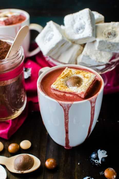Butterscotch swirled Marshmallow with Red Velvet Hot Chocolate - These Butterscotch swirled Marshmallows are perfect for gift giving or for smores or to top off your warm delicious holiday drinks! Add some chocolate to make "googly eye" Marshmallows to top your "bloody" Red Velvet Hot Chocolate for Halloween!