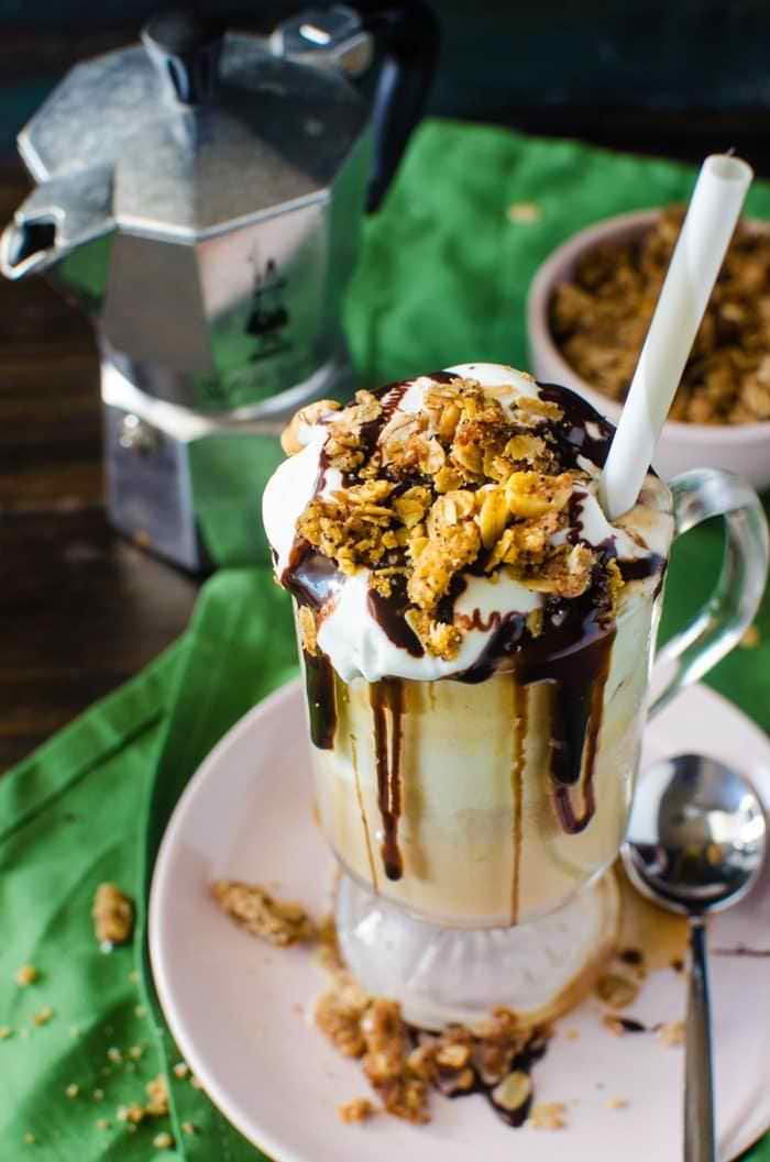 Coffee Affogato Ice Cream Sundae with Chocolate Fudge and Crunchy Coffee Streusel - Inspired and made with caramel coffee cake flavored coffee from Dunkin' Donuts! It's a cup of coffee with a side of delicious indulgence. #DunkinAtHome