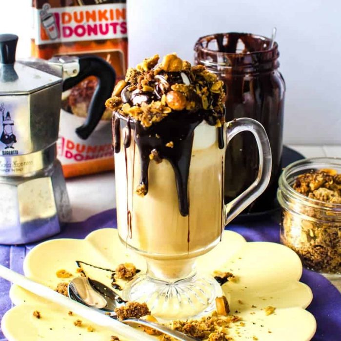 Coffee Affogato Ice Cream Sundae with Chocolate Fudge and Crunchy Coffee Streusel - Inspired and made with caramel coffee cake flavored coffee from Dunkin' Donuts! It's a cup of coffee with a side of delicious indulgence. #DunkinAtHome