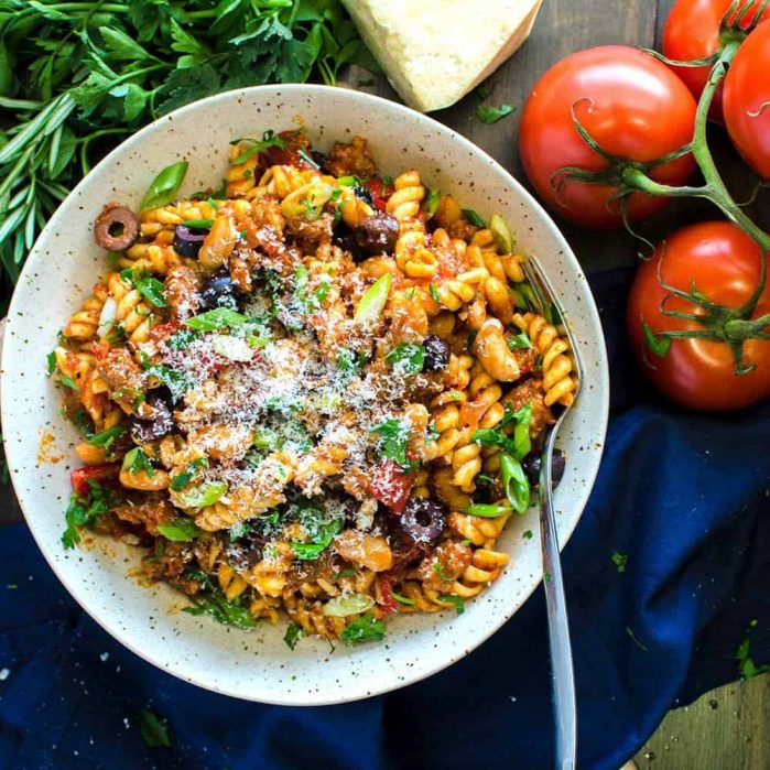 This Spicy Sausage Tuscan Pasta dish is one of our go-to recipes that looks and tastes like a restaurant-quality meal but couldn't be more easy to make. It's all about those fresh, robust flavors that's good for you too!