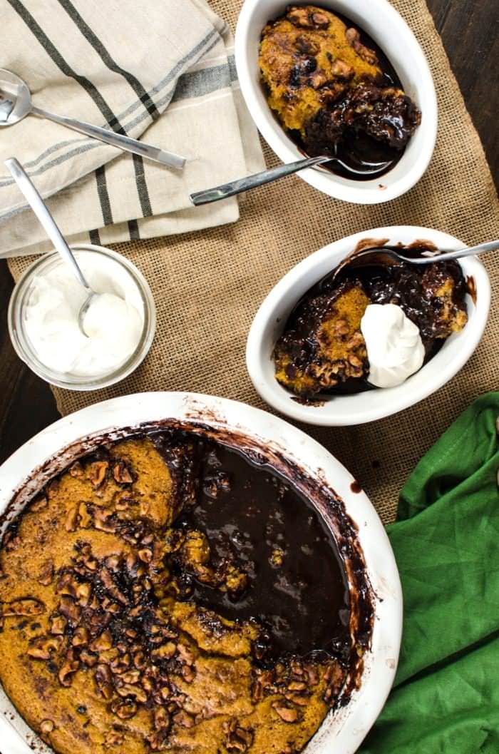 Chocolate and Pumpkin Self Saucing Pudding Cake - A warm, fudgy, chocolatey, pumkin spiced cake with a rich, goeey, hidden fudge sauce underneath - only takes minutes to prep and in just 30 minutes of baking time you have a one decadent and warm dessert to celebrate the spirit of the season!